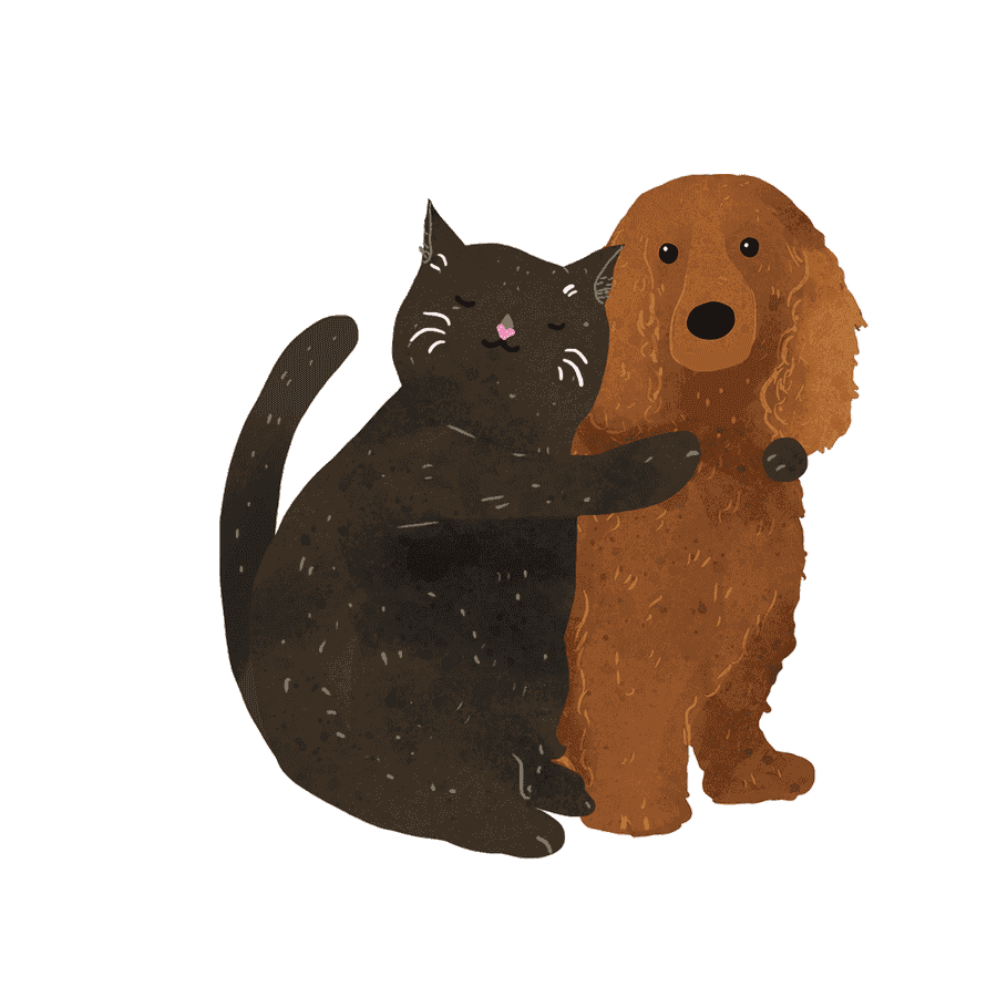 Animated illustration of a dog and cat cuddling